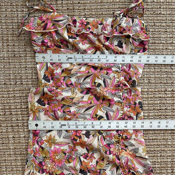 Y2K Silk Floral Ruched Top M | Vintage Ruffle Hem Tie Strap Blouse - Picture 6 of 7